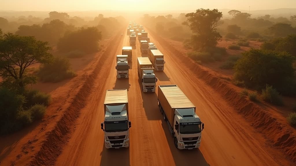 Busy East African border trade post with cargo trucks