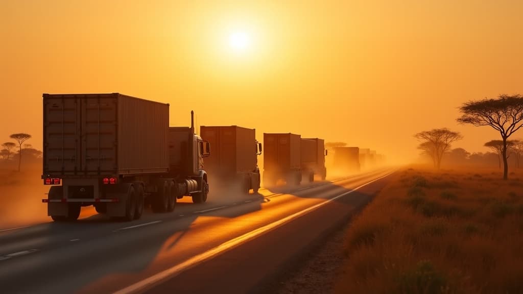 Container trucks on an East African highway at sunrise